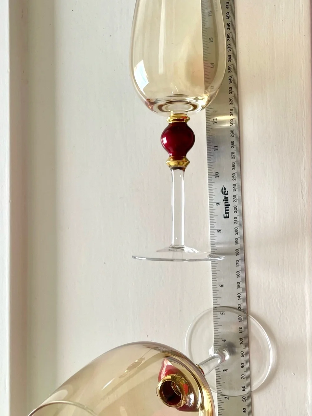 Pair of Pier 1 Amber Luster Red Ball Water Goblet Stem Wine Glass Handblown